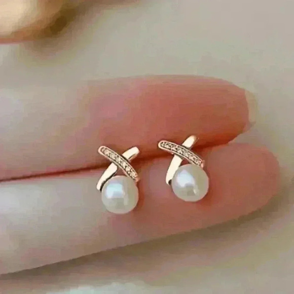 Pearl Cross Stud Earrings - Picture 1 of 3
